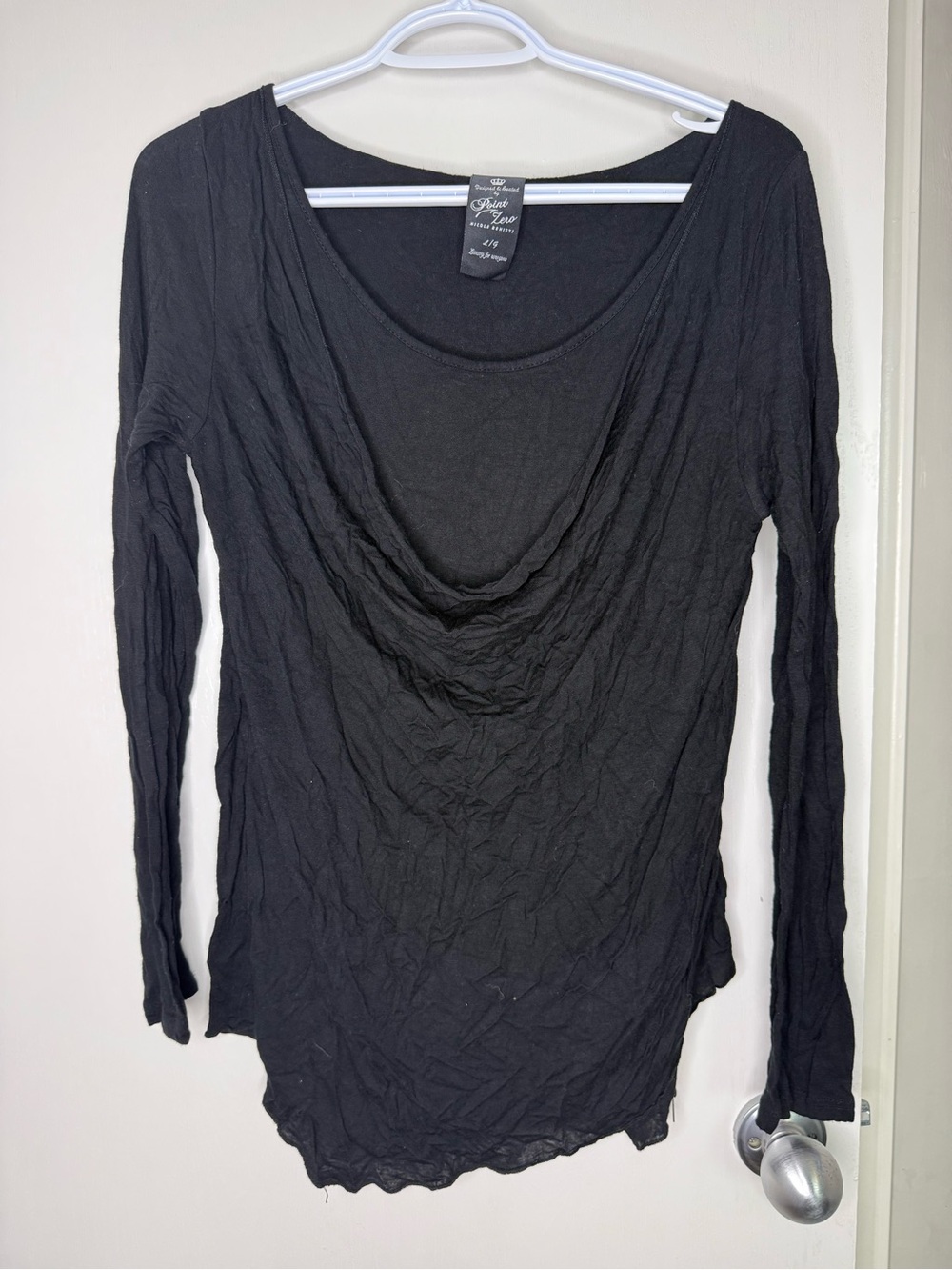 Point Zero Black Long-Sleeve Draped Neck Top Large